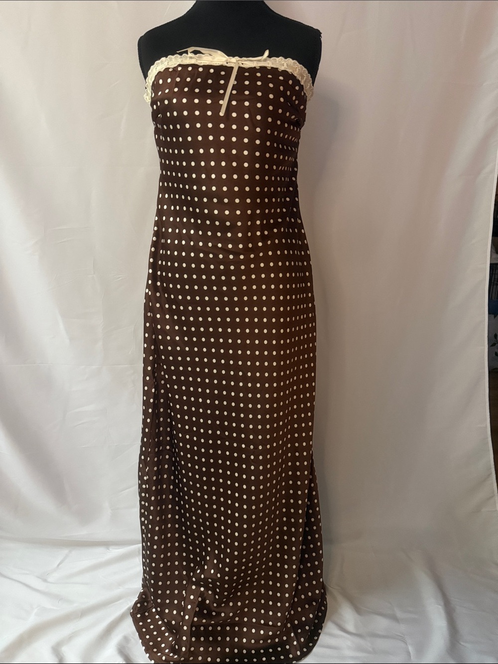 Strapless Brown Polka Dot Maxi Dress with Cream Trim w/Draped back
